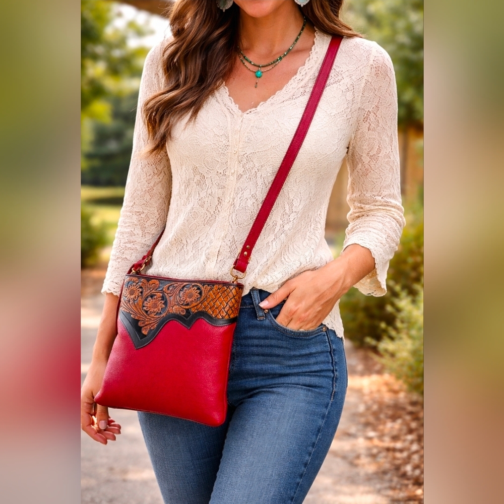 Red brown leather handbag sling crossbody purse bag floral tooled *
